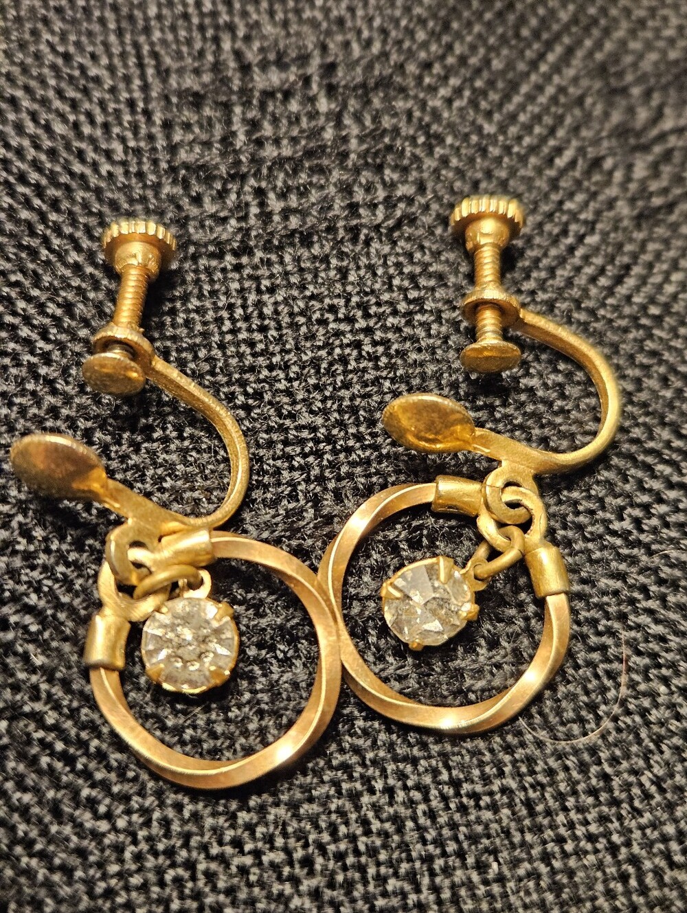 Vintage Screw On Gold-Tone Hoop Drop Earrings with Clear Crystal Accent